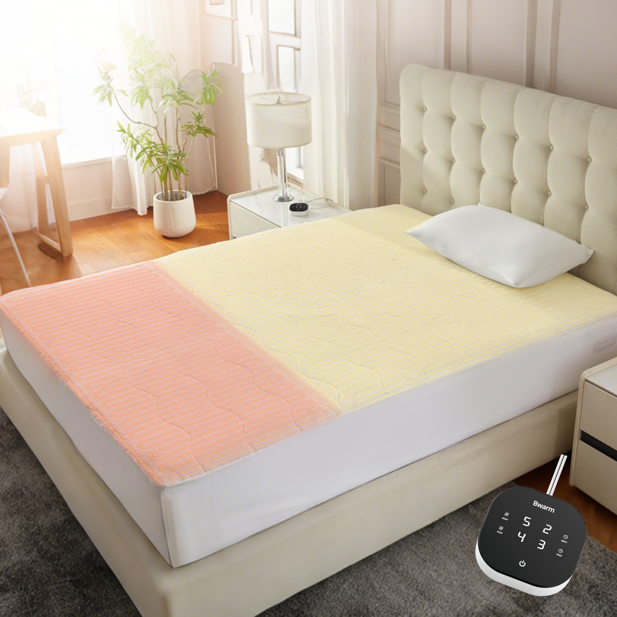 Bwarm Therma-Lock Multi-Zone Sherpa Fleece Heated Mattress Pad on bed, soft sherpa fleece with control panel for customizable warmth