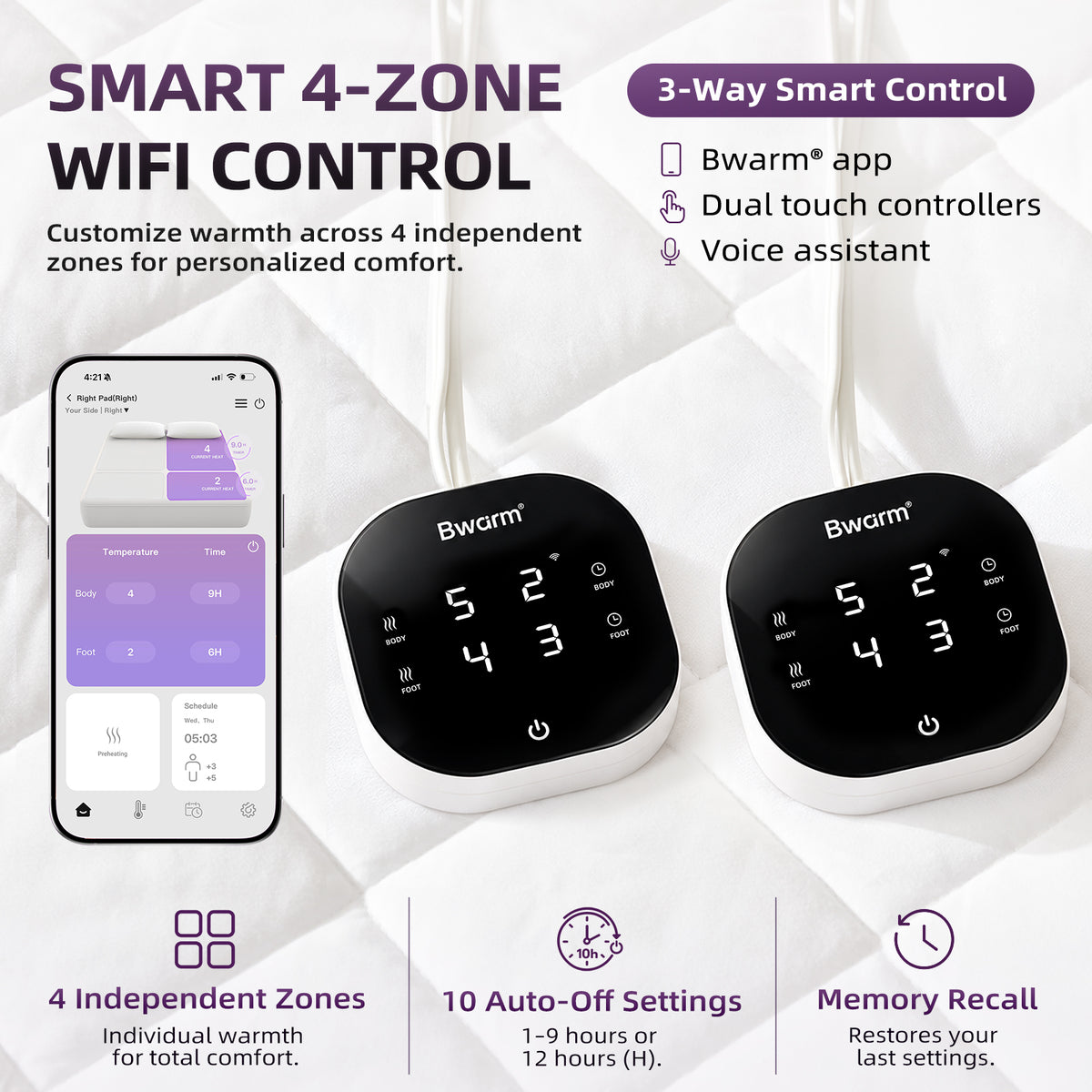 bwarm Multi-Zone Wi-Fi Heated Mattress Pad with quilted surface and separate temperature zones