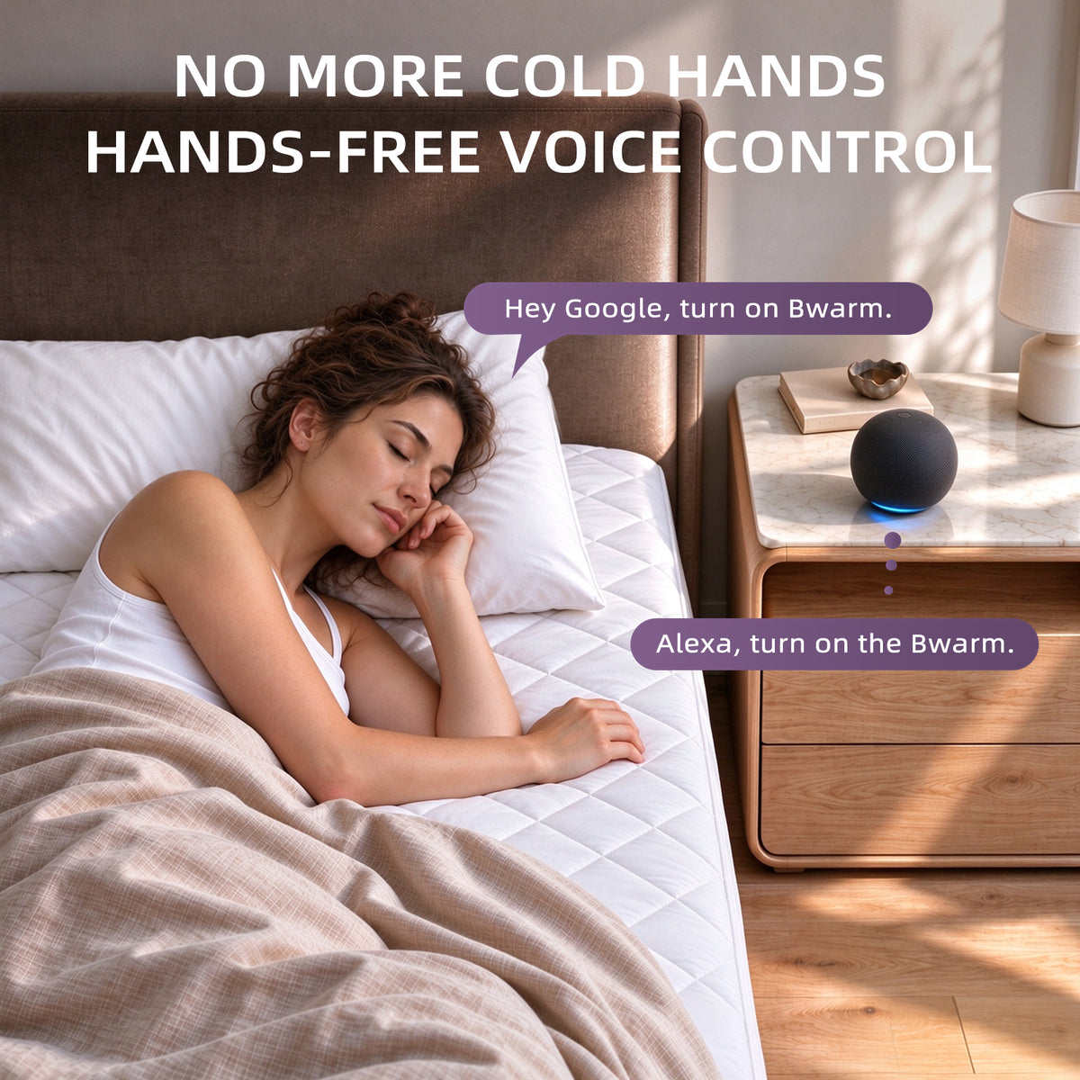 bwarm multi-zone Wi-Fi heated mattress pad with visible quilted heating zones and wireless controls