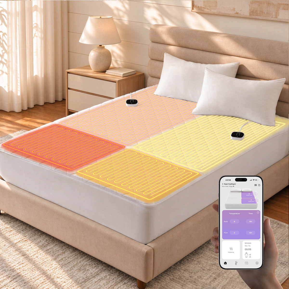 bwarm multi-zone Wi-Fi heated mattress pad with separate temperature controls