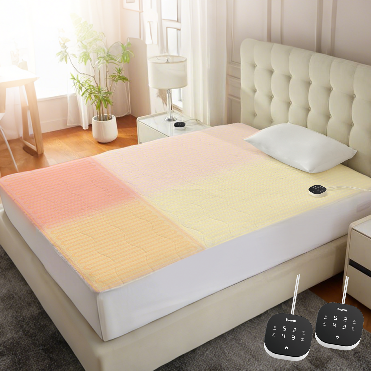 bwarm Therma-Lock Multi-Zone Sherpa Fleece Heated Mattress Pad shown on bed with plush Sherpa fleece and multi-zone heating controls